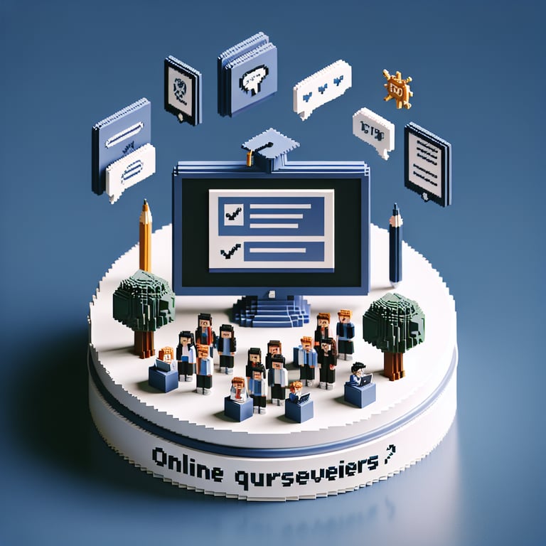 3D voxel art showcasing online surveys concept, targeting high schoolers, set on a dark blue background.