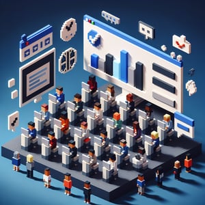 3D voxel art depicting the concept of online academic surveys on a dark blue background.