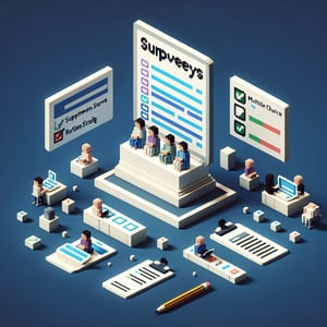 3D voxel art depicting the concept of online supplement surveys on a dark blue background.