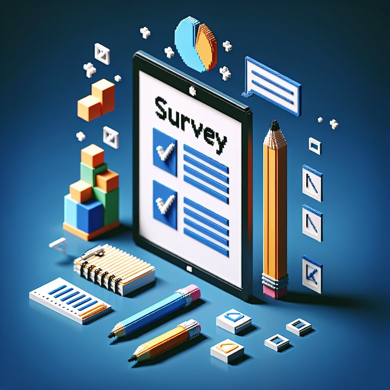 3D voxel art depicting online surveys, symbolizing production planning survey questions.