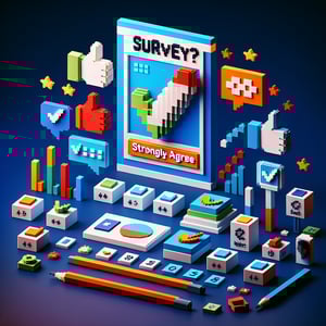 3D voxel art depicting online survey questions with 