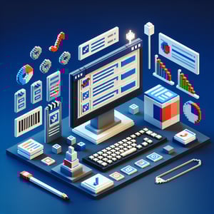 3D voxel art depicting online association surveys against a dark blue background.