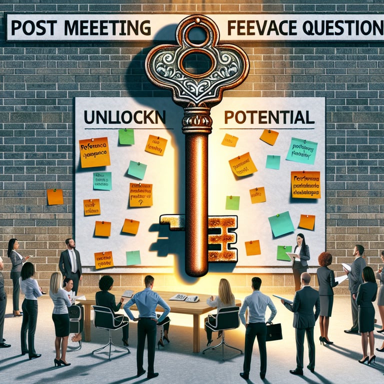 Illustration of a key unlocking enhanced performance and engagement via Post Meeting Feedback survey questions.