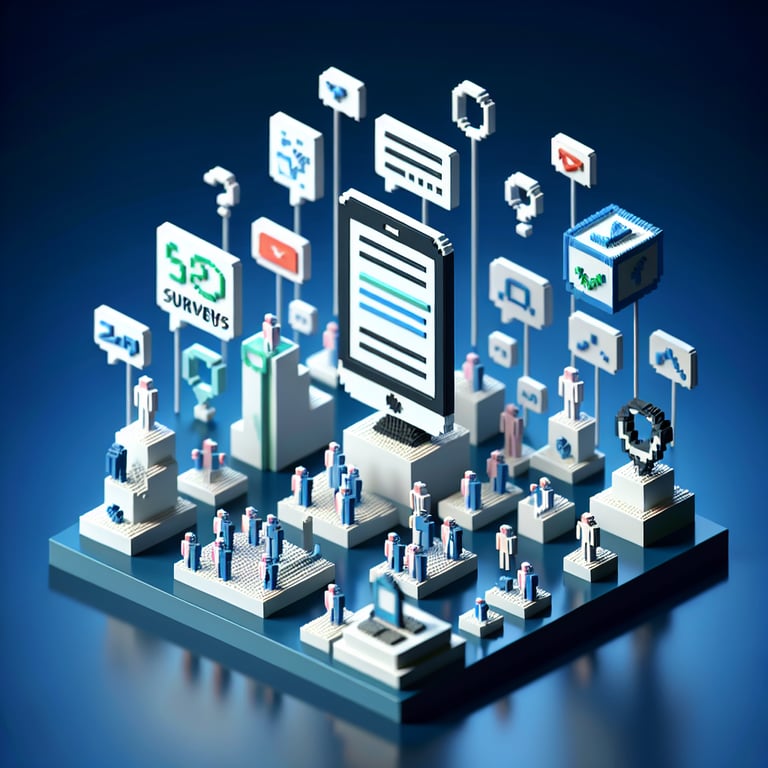 3D voxel art depicting online surveys on social networking sites, set against a dark blue background.