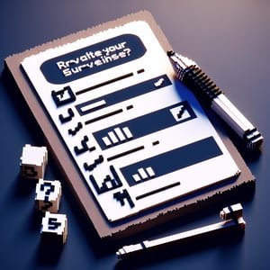 3D voxel art depicting an online survey on exercise habits, set against a dark blue background.