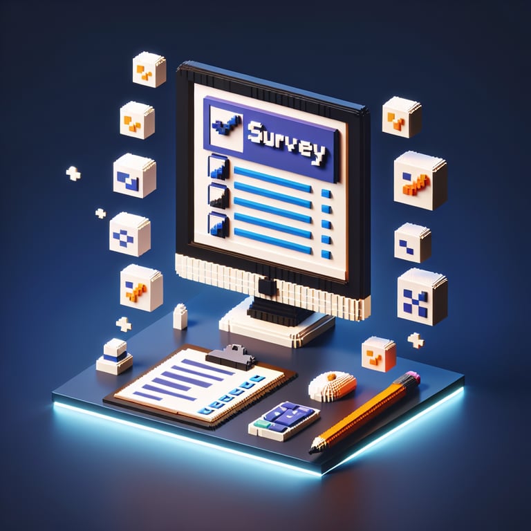 3D voxel art depicting online survey concept on a dark blue background.