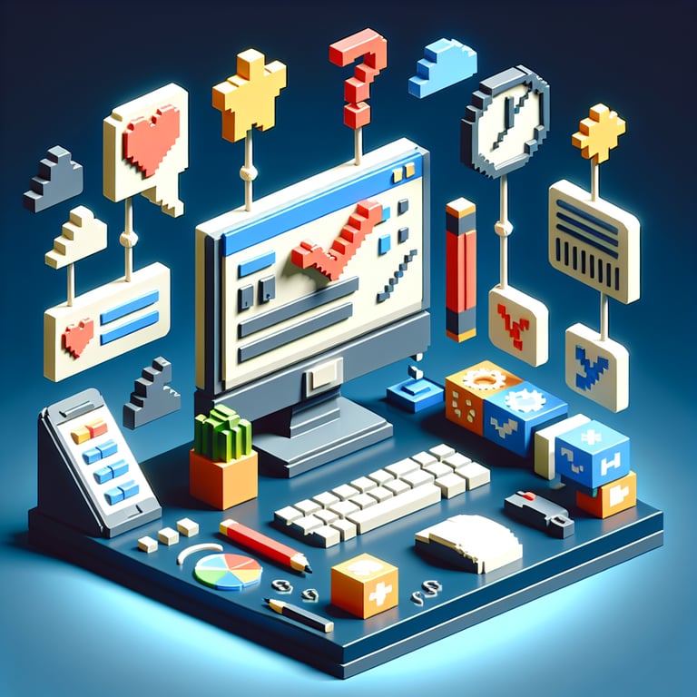 3D voxel art depicting the concept of online onboarding process surveys on a dark blue background.