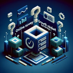 3D voxel art of online survey icons against a dark blue background, symbolizing growth mindset surveys.