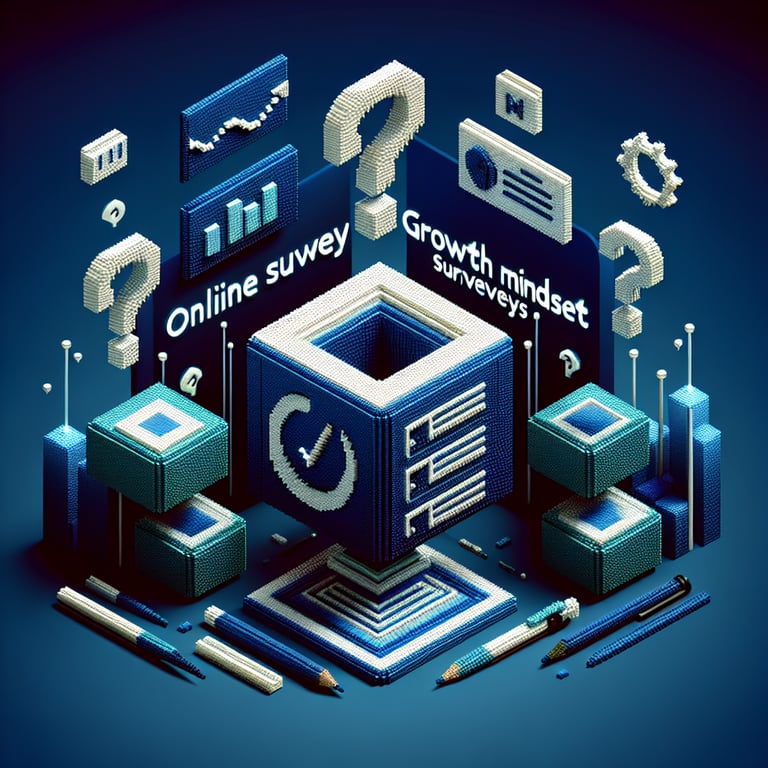 3D voxel art of online survey icons against a dark blue background, symbolizing growth mindset surveys.