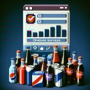 3D voxel art illustrating online soda surveys with dark blue background.