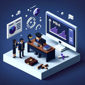 3D voxel art illustrating online MBA surveys against a dark blue background.