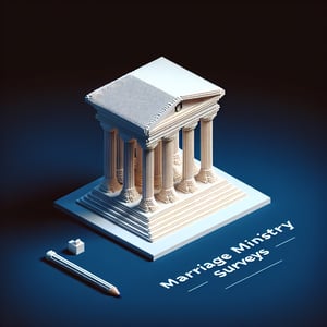 3D voxel art depicting online marriage ministry surveys on a dark blue background.