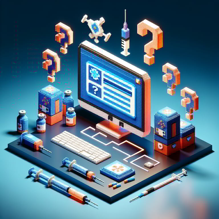 3D voxel art of online survey symbols, representing flu vaccine survey questions on a dark blue background.