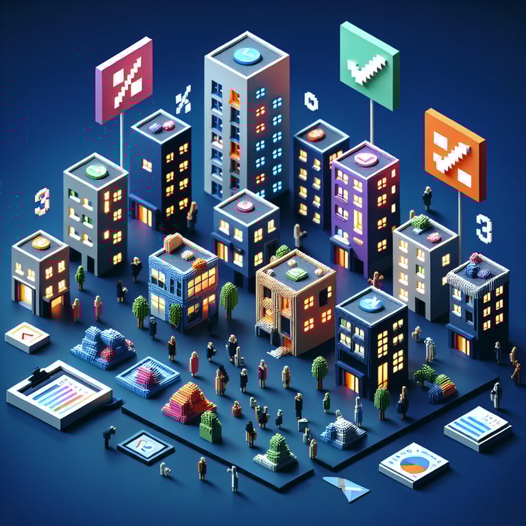 3D voxel art depicting online apartment market survey process on a dark blue background.