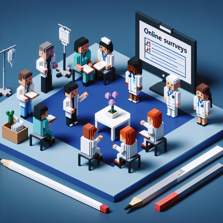 3D voxel art depicting online survey concept on a dark blue background, related to lateral violence in nursing.