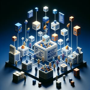 3D voxel art depicting the concept of online event survey feedback questions on a dark blue background.