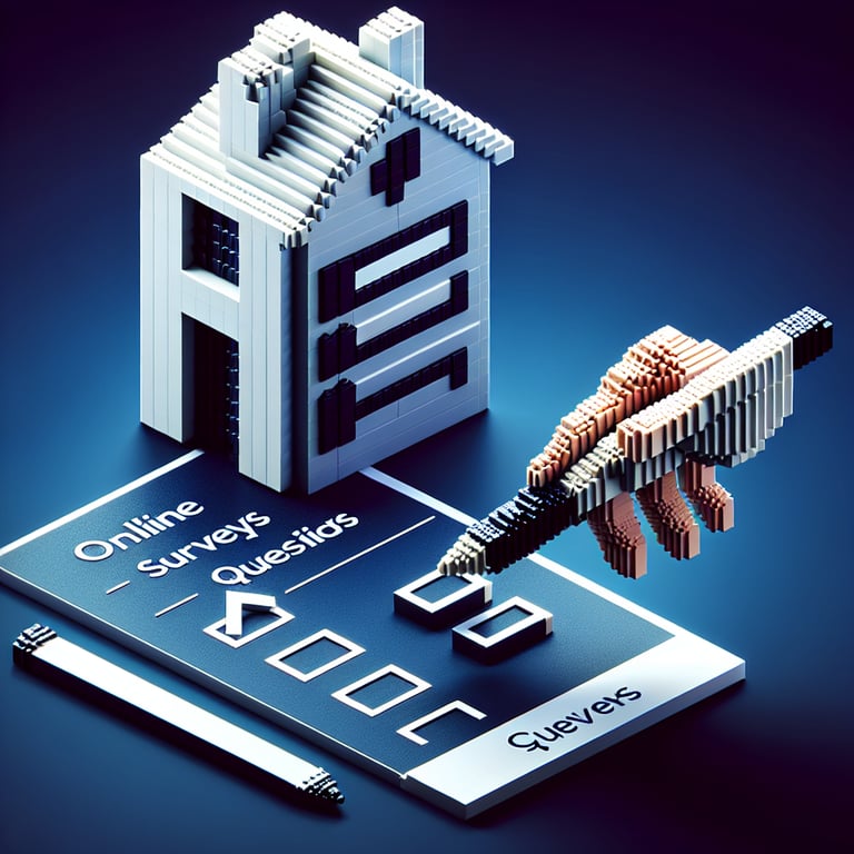 3D voxel art showing real estate client interaction during closing surveys on a dark blue background.