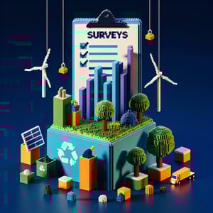 3D voxel art depicting online environmental justice survey concept on a dark blue background.