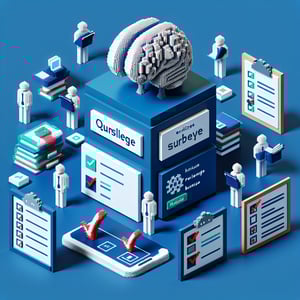 3D voxel art depicting the concept of online knowledge base surveys on a dark blue background.