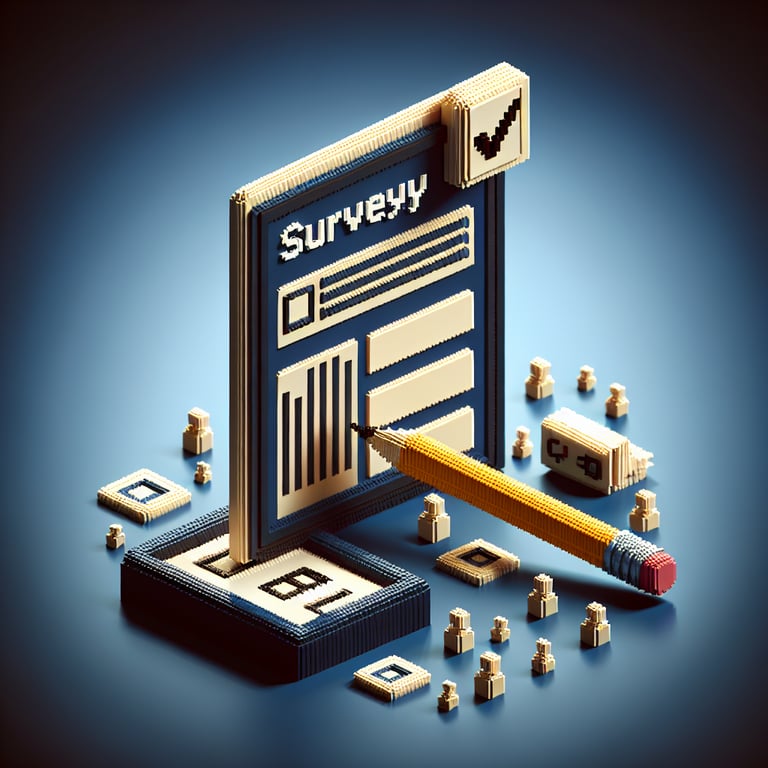 3D voxel art depicting online surveys on a dark blue background, symbolizing Holocaust surveys.