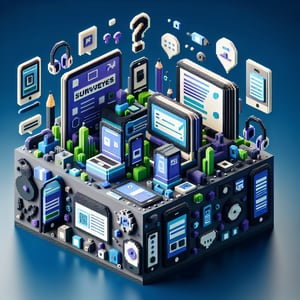 3D voxel art depicting online gadget surveys with a dark blue background.