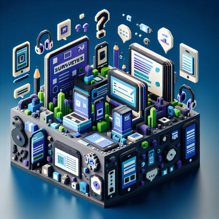 3D voxel art depicting online gadget surveys with a dark blue background.