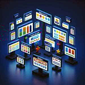 3D voxel art depicting online surveys, set against a dark blue background, symbolizing digital signage surveys.