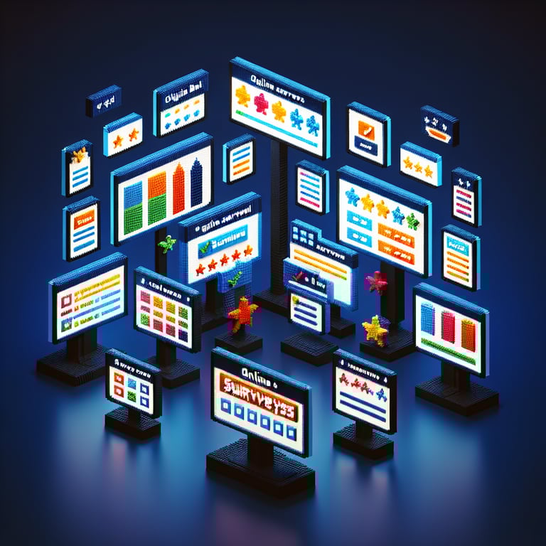3D voxel art depicting online surveys, set against a dark blue background, symbolizing digital signage surveys.