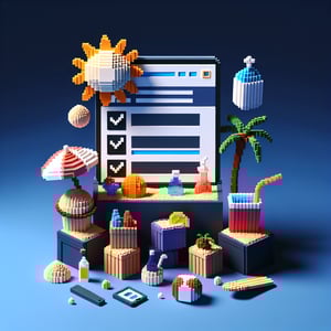 3D voxel art depicting online spring break surveys on a dark blue background.