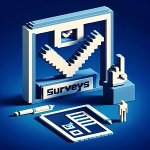 3D voxel art depicting online paraprofessional survey process on a dark blue background.