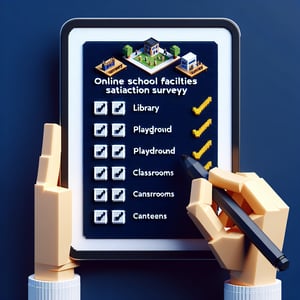 3D voxel art depicting the concept of online school facilities satisfaction survey on a dark blue background.