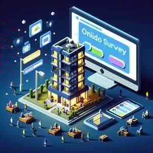 3D voxel art of online condo surveys with engaging elements on a dark blue background.