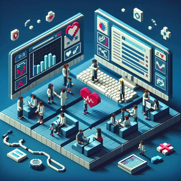 3D voxel art depicting online adolescent health survey concept on a dark blue background.