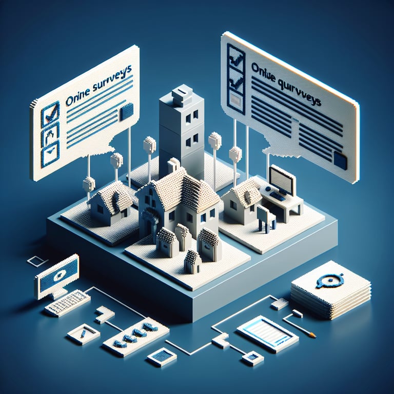 3D voxel art depicting online surveys on a dark blue background, symbolizing remote work surveys.