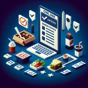 3D voxel art depicting online food survey concept on a dark blue background.