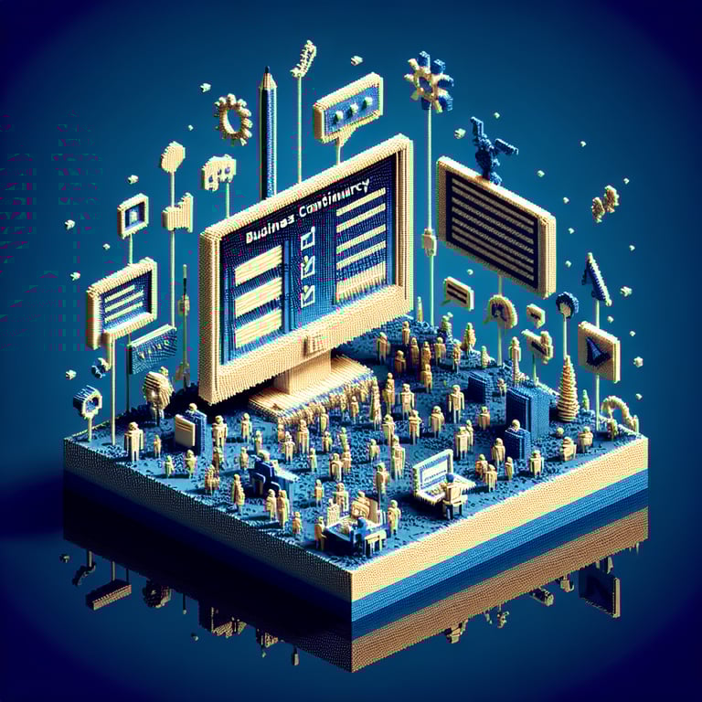 3D voxel art depicting online business continuity survey process on a dark blue background.