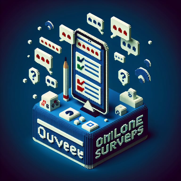 3D voxel art depicting online surveys, symbolizing employee internal communication survey questions.
