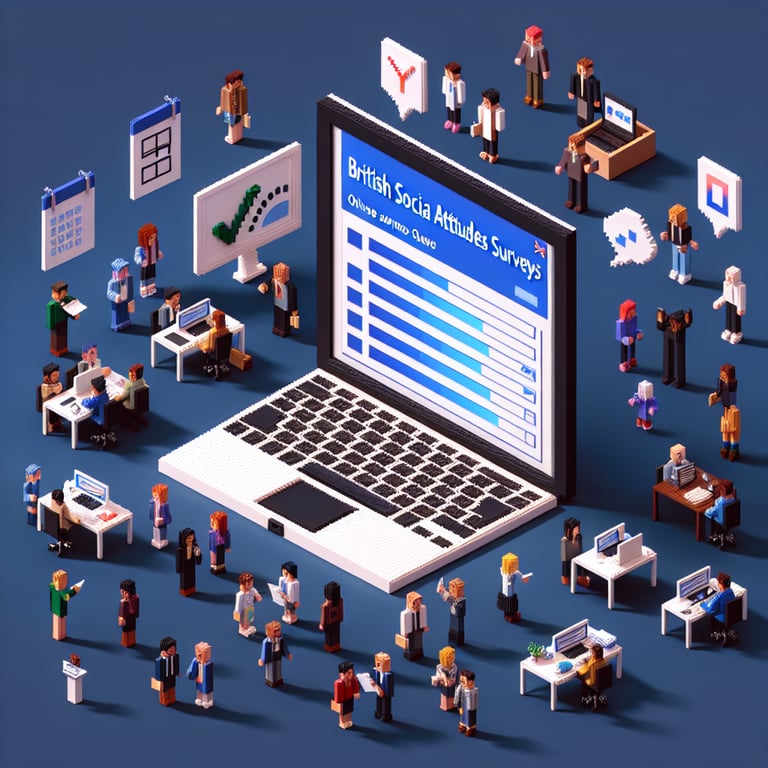 3D voxel art depicting the concept of online British social attitudes surveys on a dark blue background.