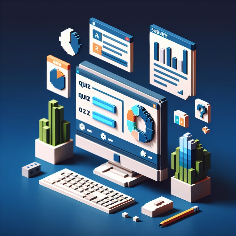 3D voxel art depicting online surveys, symbolizing marketing research, on a dark blue background.