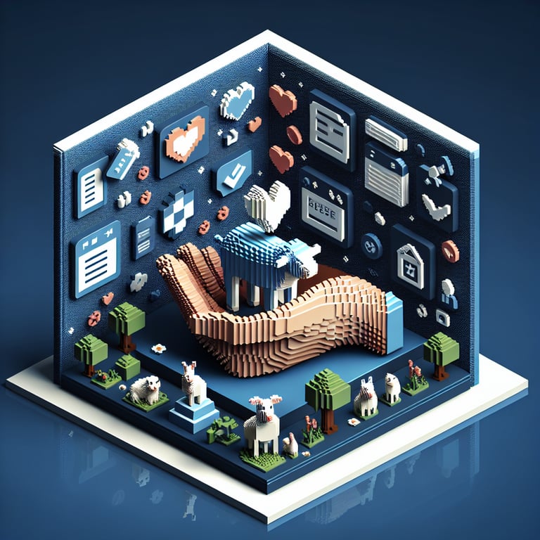 Artistic 3D voxel depiction of an online animal welfare survey interface in blue tones
