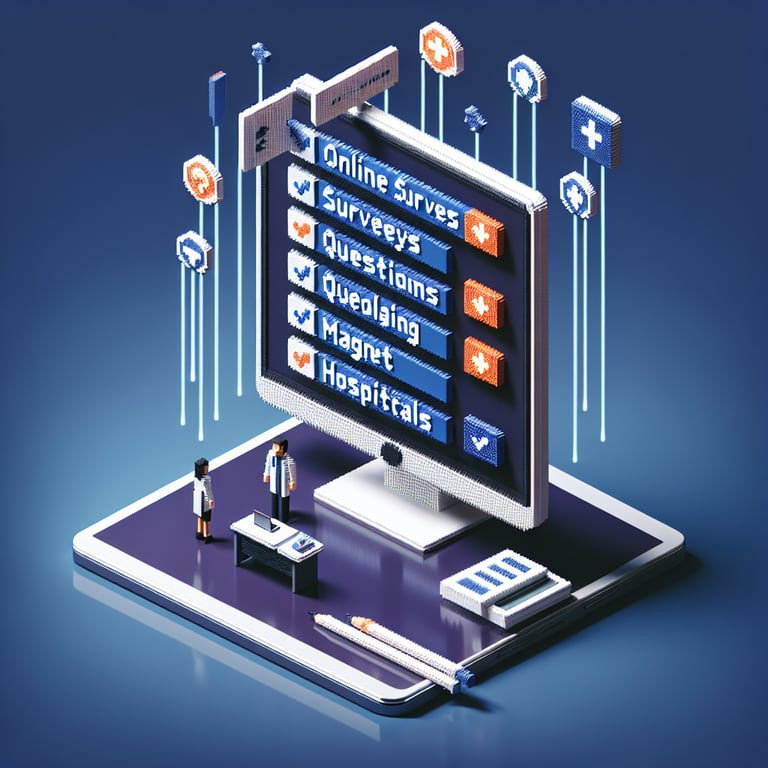 3D voxel art depicting online magnet hospital survey process on a dark blue background.