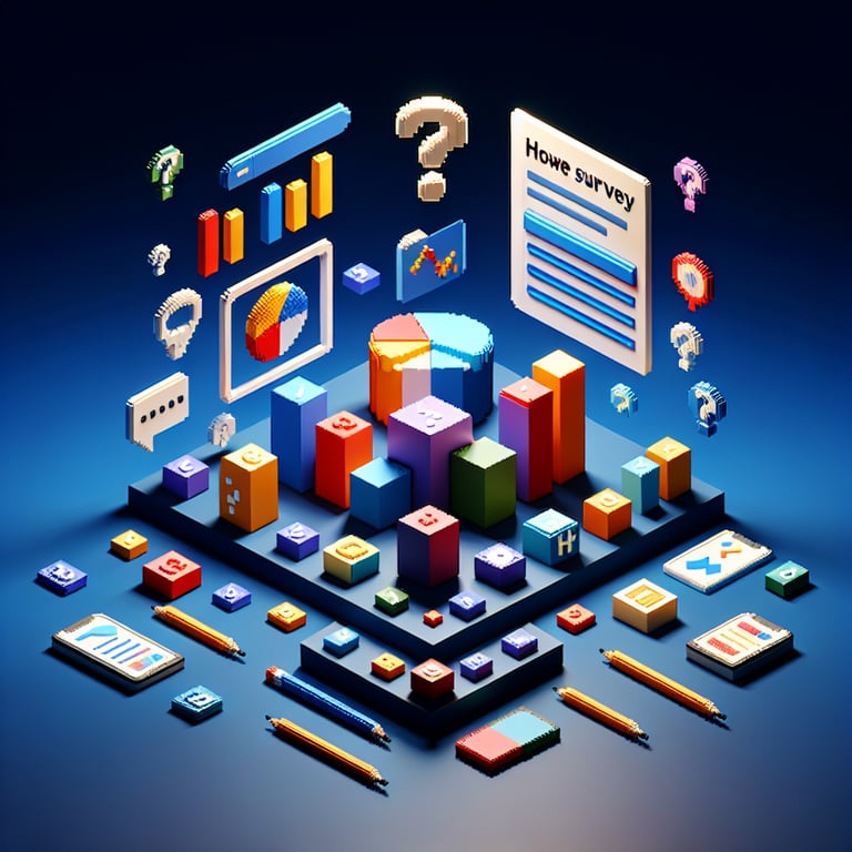 3D voxel art depicting online surveys on a dark blue background, representing new client survey questions.