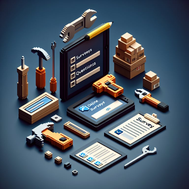 3D voxel art depicting an online facility maintenance survey, set against a dark blue background.