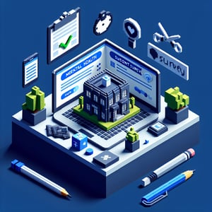 3D voxel art depicting online mental health survey for students on a dark blue background.