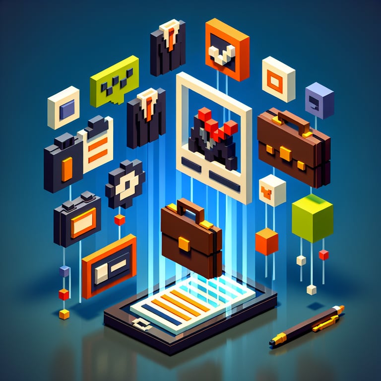 3D voxel art depicting online job surveys, set against a dark blue background.