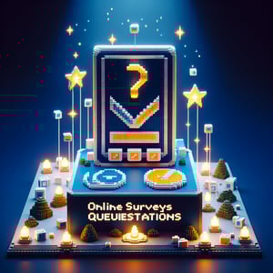 3D voxel art depicting the concept of online disc surveys against a dark blue background.