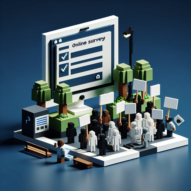 Artistic 3D voxel depicting racial justice survey questions at a protest