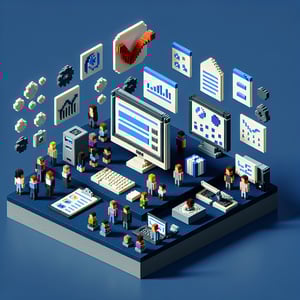 3D voxel art depicting online surveys, with a dark blue background, suitable for a client survey landing page.
