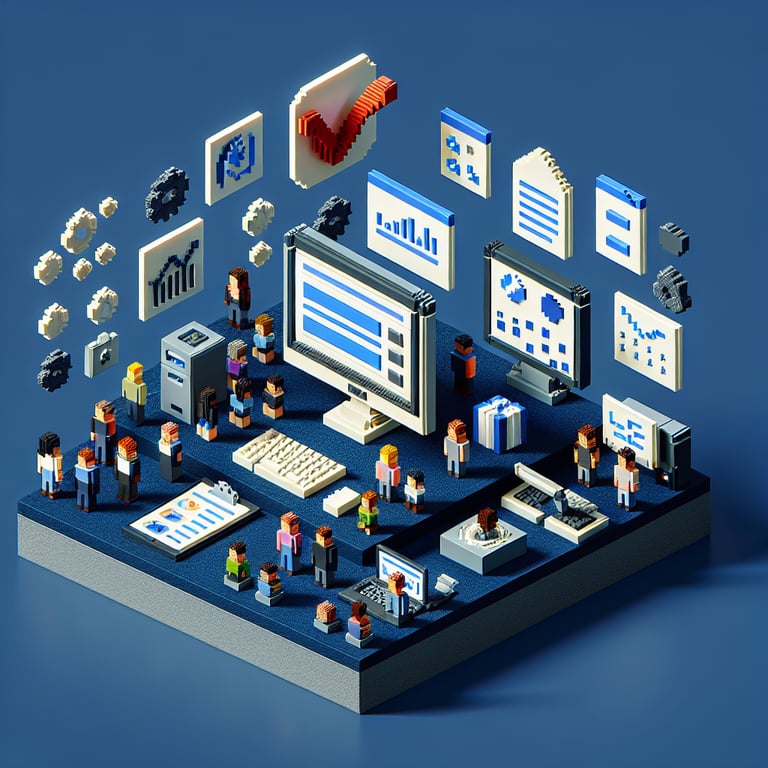 3D voxel art depicting online surveys, with a dark blue background, suitable for a client survey landing page.