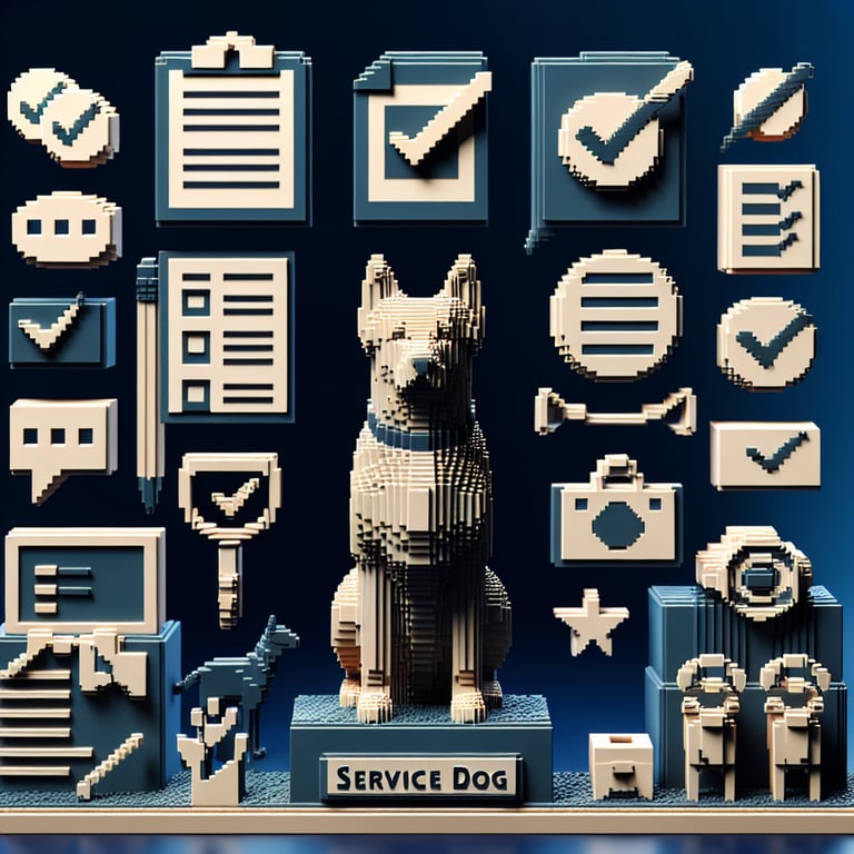3D voxel art depicting online survey concept with service dog elements on a dark blue background.